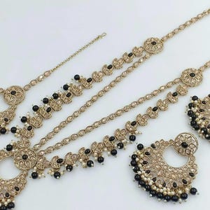Black Polki long set Statement/bridal/2 lines long reverse AD set with black beads/Long Polki necklace set with Chandbalis  n maangtikka