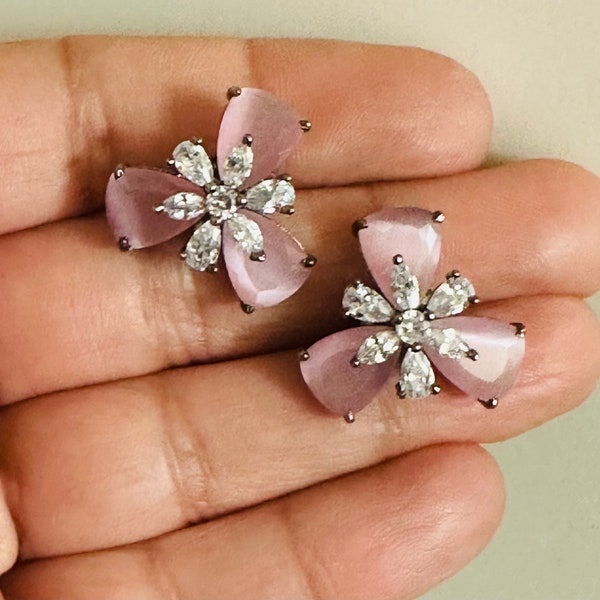 Pink Victorian AD earrings/pastel colors stones diamond look studs/pink cocktail studs
