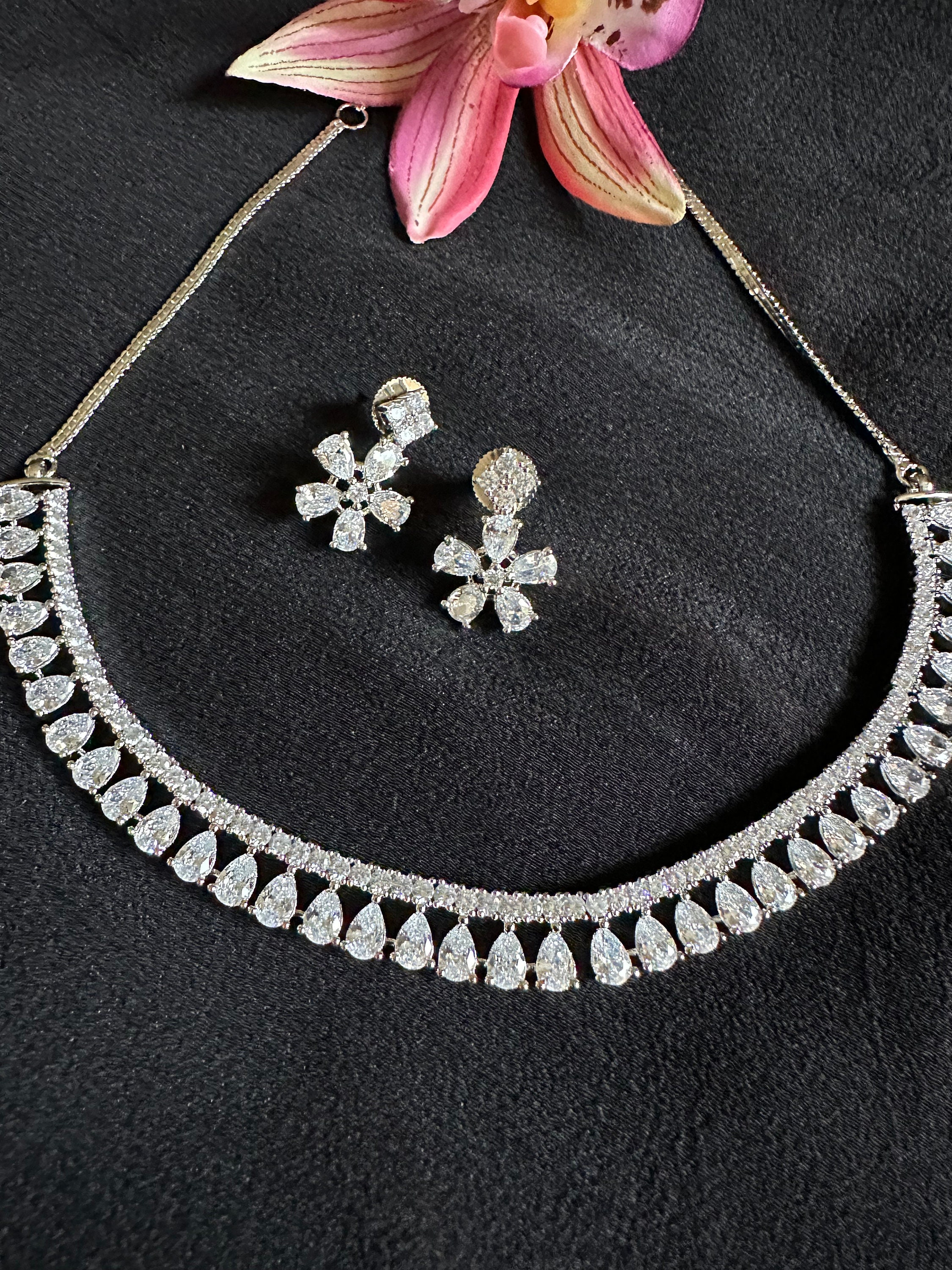 Silver Diamond Necklace Set/dainty Silver Polish AD Set - Etsy
