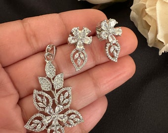 White gold American diamond pendant set/dainty pendant set with CZ/AD stones