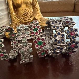 German silver bangle /kada with coloured stones /silver look alike/boho style /oxidized/Indian bangle/kada
