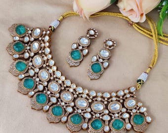 Turquoise Kundan Choker Necklace Earrings, Indian Bridal Jewelry