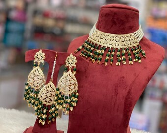 Punjabi Jadau Bridal Jewelry Set: Lightweight Necklace, Earrings & Maangtikka