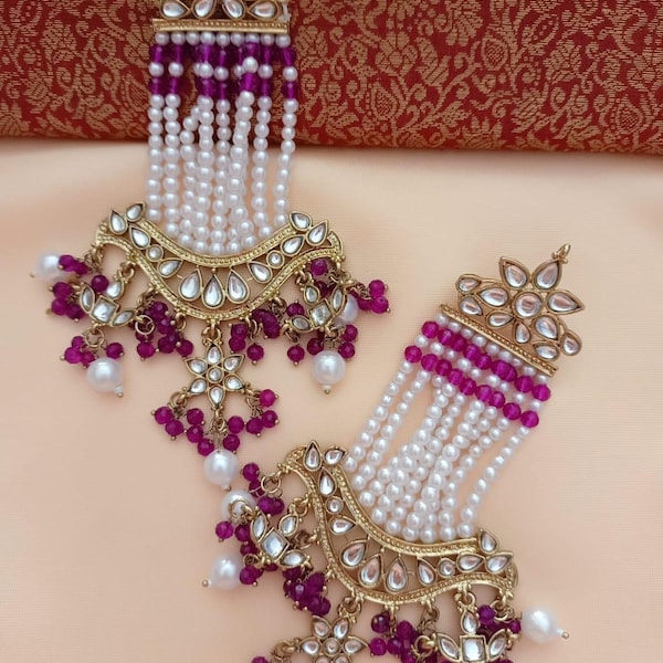 Fuchsia pink Kundan pearls earrings/lightweight long Kundan chandbalis/Indian earrings/Pakistani earrings