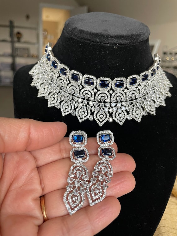 Sapphire diamond choker  set/AD necklace set/cocktail necklace Set