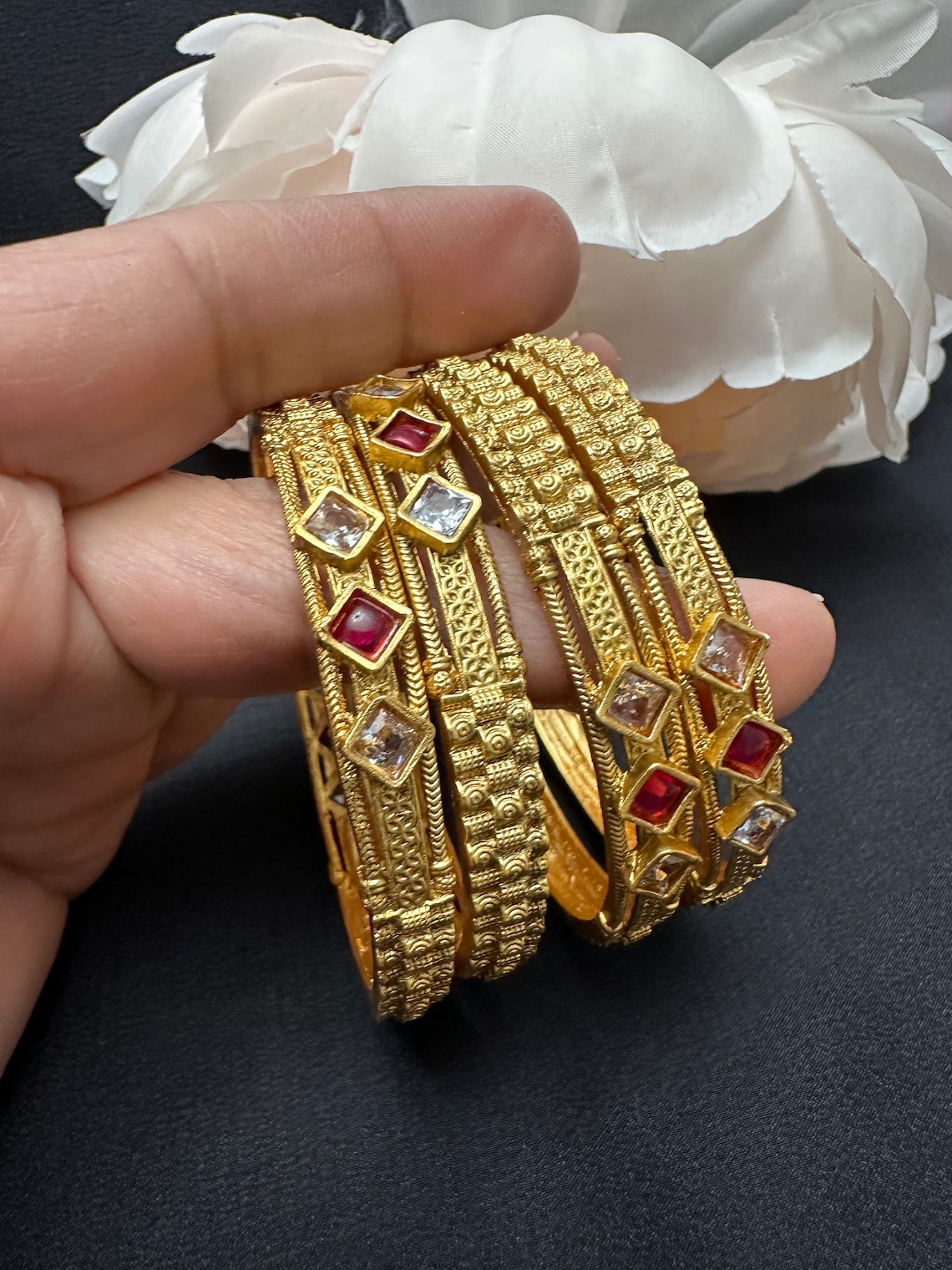 Set of 4 Gold Stone Bangles/red White Stones Gold Bangles/gold Stones ...