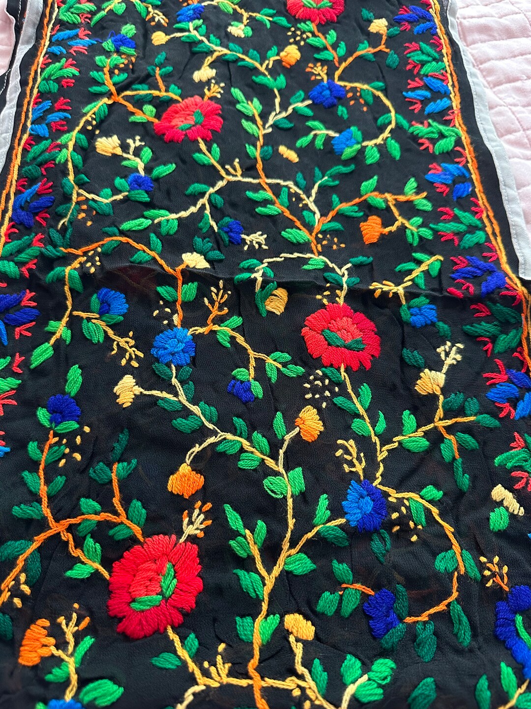 Indian Vintage Dupatta Black Long Stole Blend Georgette Hand Embroidered Phulkari Stole Scarves Party wear