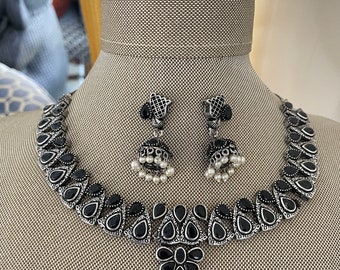 German silver necklace set/black stones oxidized set /Kolhapuri German silver/oxidized choker set