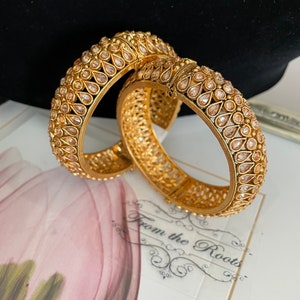 Polki stone gold kada/wide gold bangles with reverse Polki stones/Indian bangles/Pakistani bangles