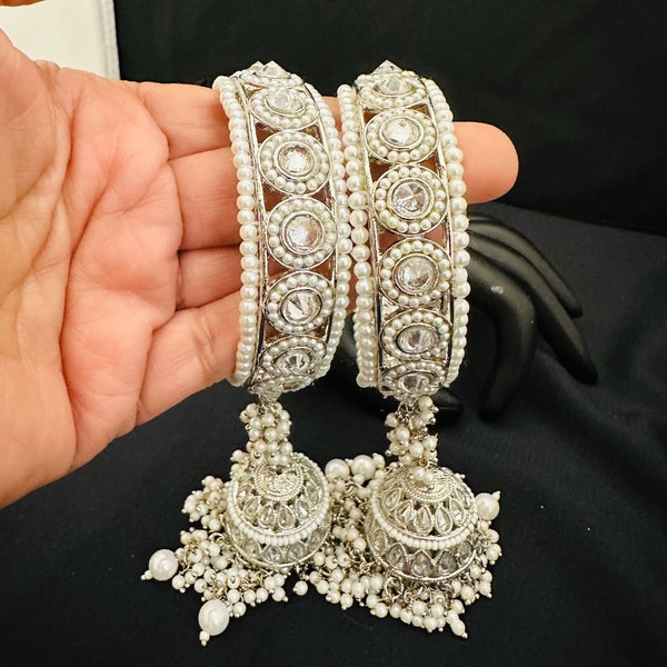 Silver Polki jhumka bangles/pearls Polki jhumkas kadas/bollywood style bangle/pakistani bangles