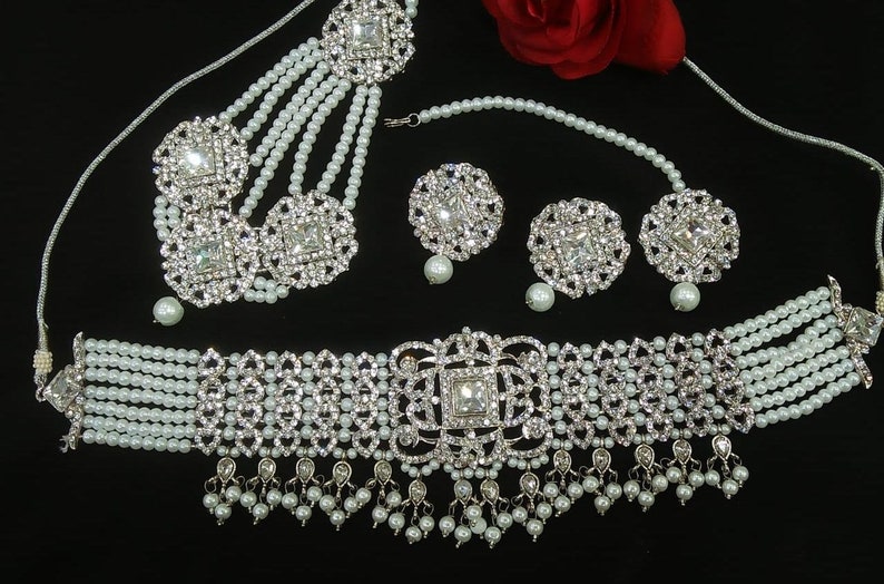 maang tikka and grand passa with beautiful AD stones. Bollywood style AD stone silver setSilver choker set with matching earrings