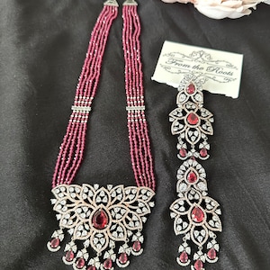 American diamond pink hydro beads long mala set/wine color American diamond mala set/long wine color mala set