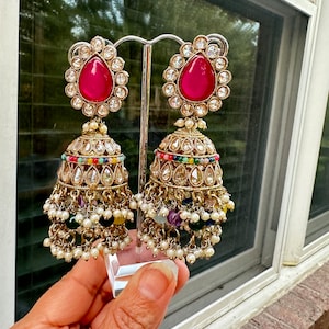 Multicolor Polki jhumkas/matte gold Polki jhumkas/Indian jhumkas/Pakistani jhumkas