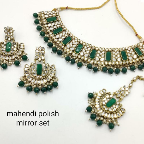 Green Antique Finish Mirror Necklace set  w/tikka in green/Statement Jewlery set/Indian/Pakistani Jewelry set/Bridal/bridesmaid sheesha set