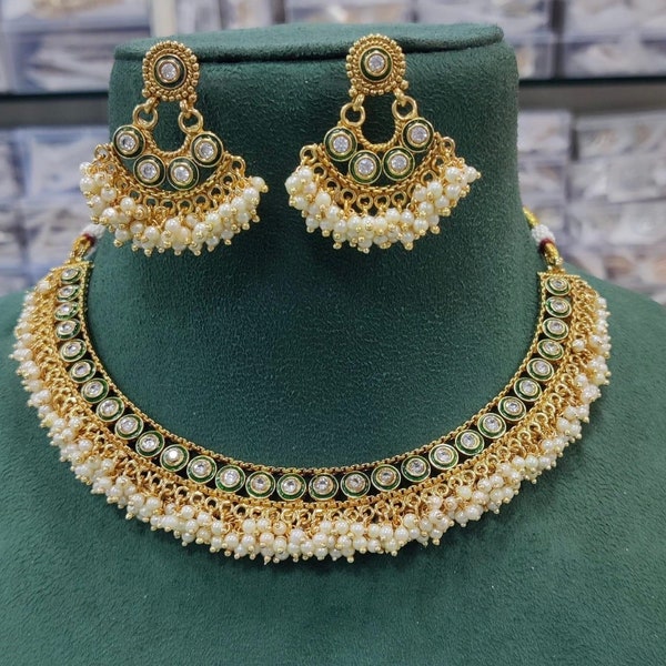 Gajra pearls necklace set/bollywood Polki stone pearls necklace set with Chandbalis/Kerala pearls necklace set