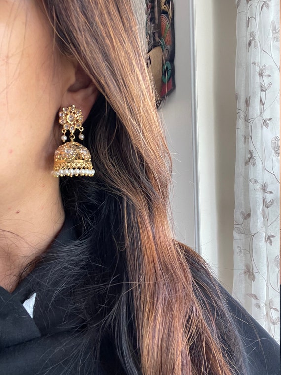 Jadau gold jhumkas hydrabadi jadau bridal white stone jhumkas gold plated real gold look alike