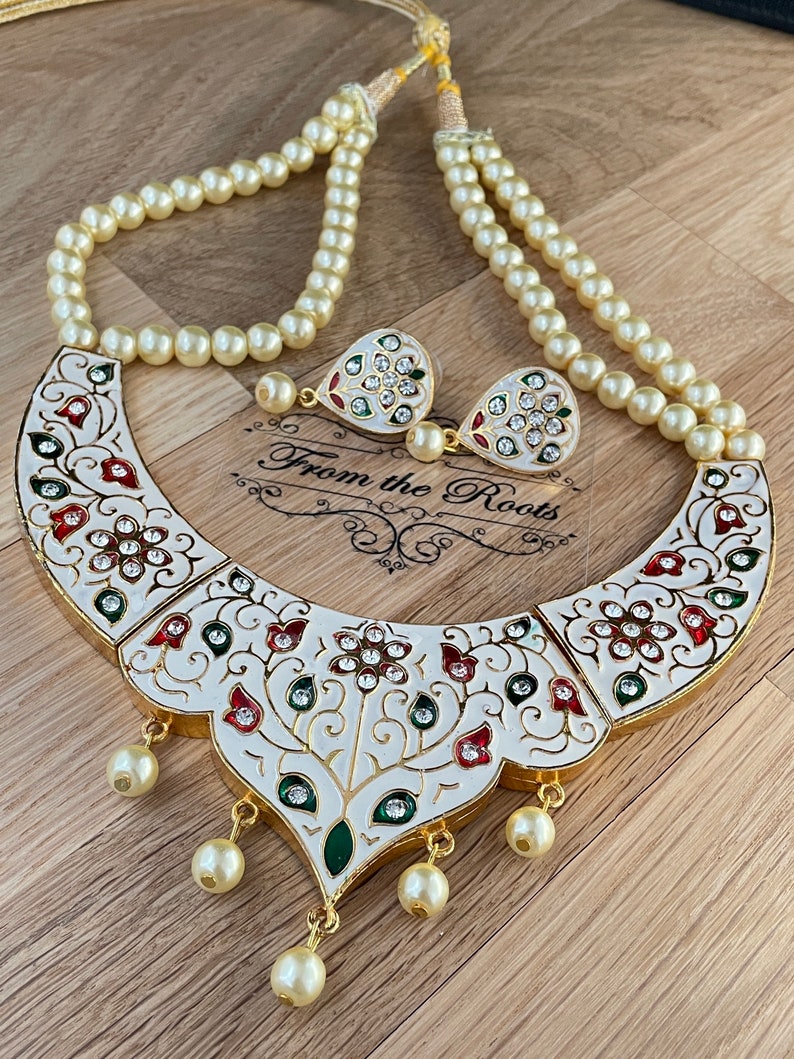 White,red and green Meenakari set with AD stones white enamel chokernecklacecollarhand painted one of a kind set with AD stones