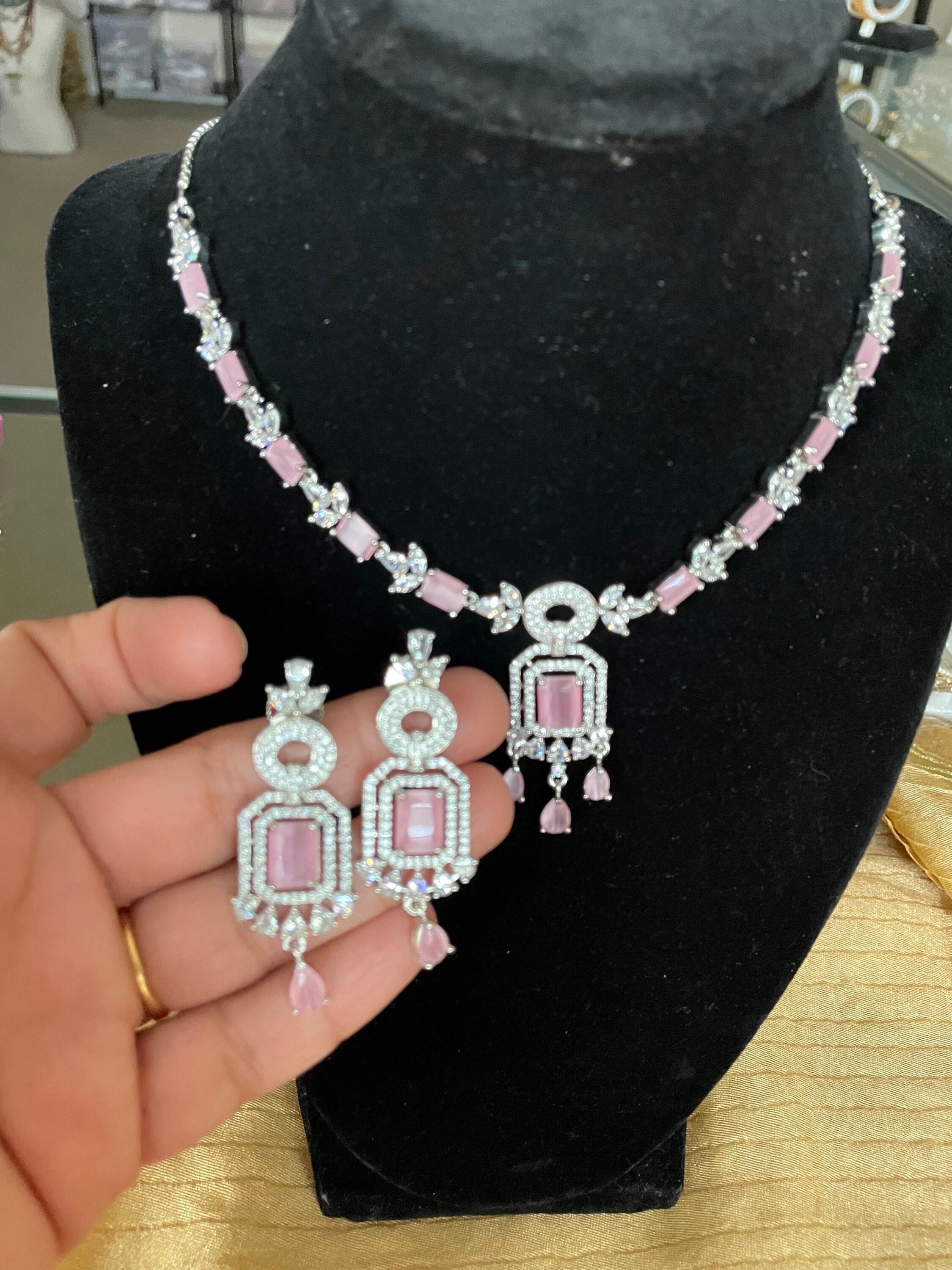 White Gold Plated Ruby Pink Diamond Necklaceset With Statement 