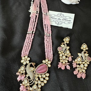Pink Victorian style Kundan  mala set/kundan pendant set with pink mala/Indian necklace Set/Pakistani mala set in pink beads