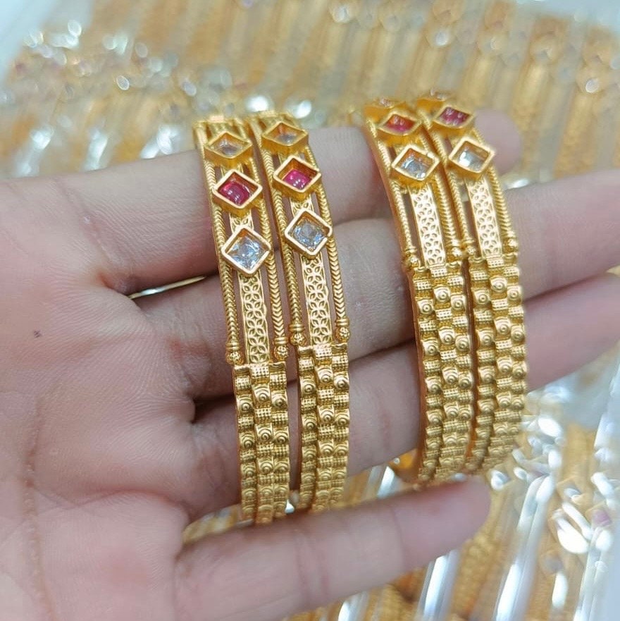 Set of 4 Gold Stone Bangles/red White Stones Gold Bangles/gold Stones ...