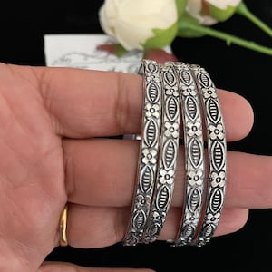 4 German silver bangles/set of 4 oxidized bangles/boho bangles with self design
