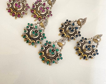 German silver peacock earrings/dual tone oxidized Chandbalis/Indian earrings/Pakistani earrings