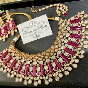 Premium rosegold Kundan Polki bridal choker set n maangtikka/bridal necklace  with ruby pink stones/Indian bridal set/Pakistani bridal set