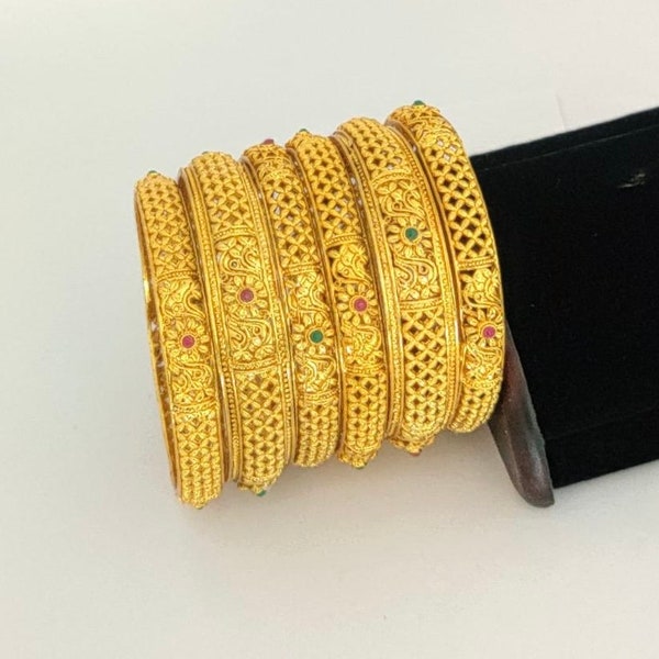 set of 6 gold plated bangles with red green stones /gold look alike kadas set/traditional gold bangles set