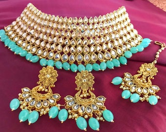 Mint green bridal choker/reverse Polki wide choker/Indian choker/Pakistani bridal choker with earrings n tikka