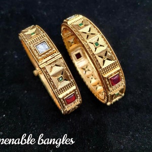 Rajawadi Kundan gold bangles/Traditional Gold plated red n green stones kadas/gold bangles with peacock design/openable designer gold kadas