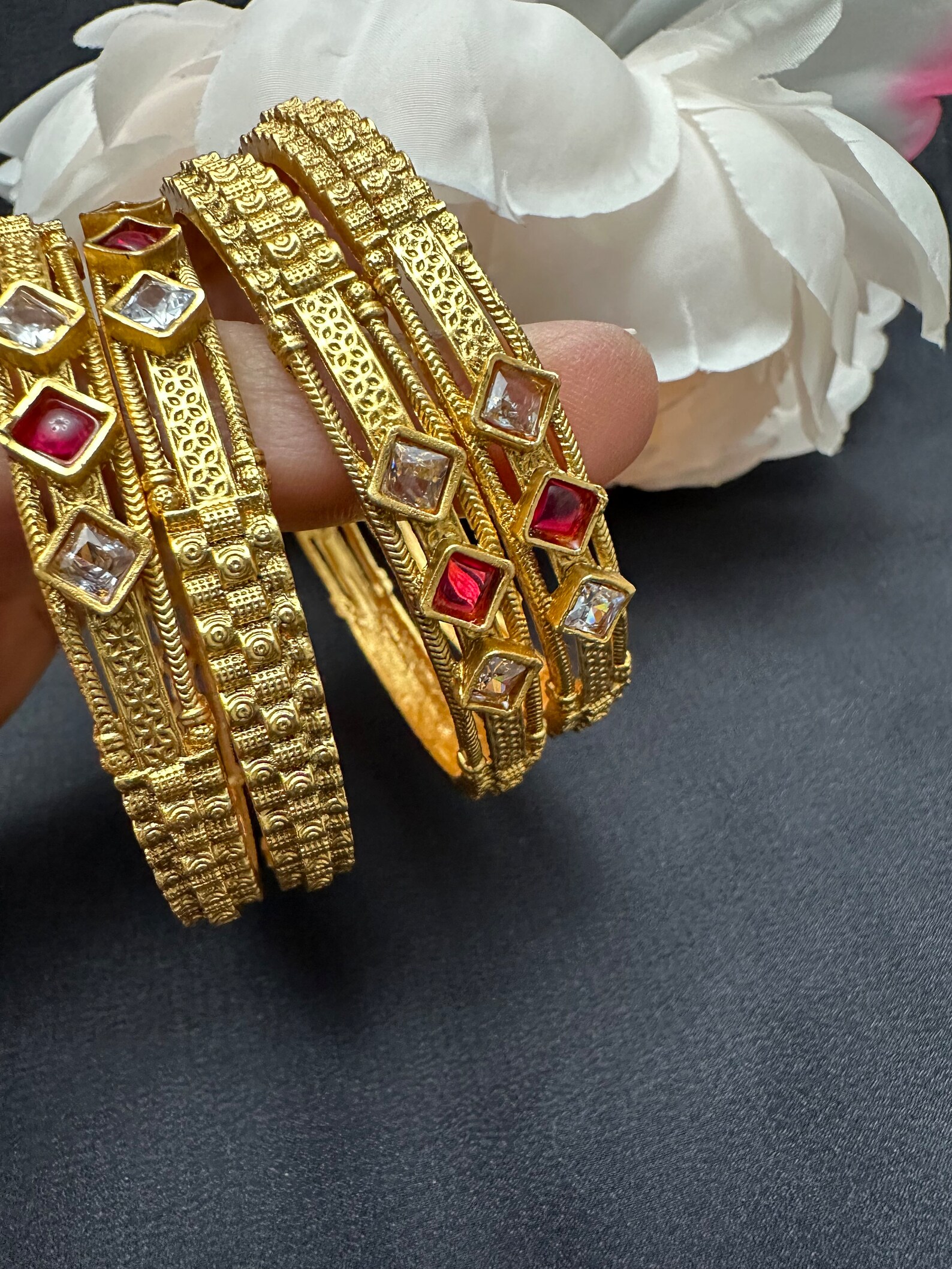 Set of 4 Gold Stone Bangles/red White Stones Gold Bangles/gold Stones ...