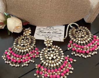 Pink Kundan Polki maangtikka set/Kundan Chandbalis tikka set with pink beads/Indian tikka set/Pakistani jewelry
