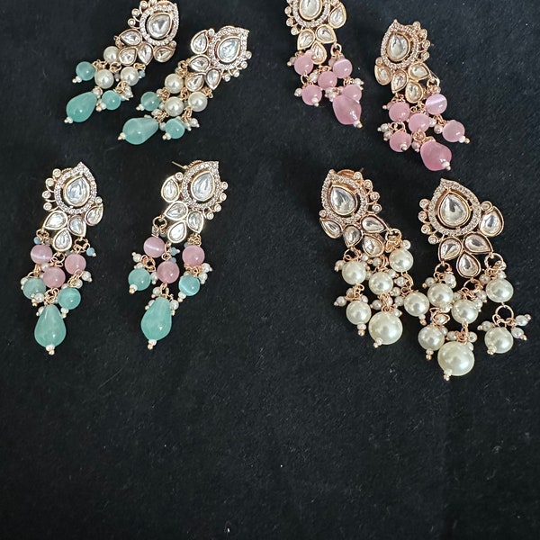 Kundan earrings with mint green/pink/white  beads/tayani style Kundan earrings/Kundan Polki earrings