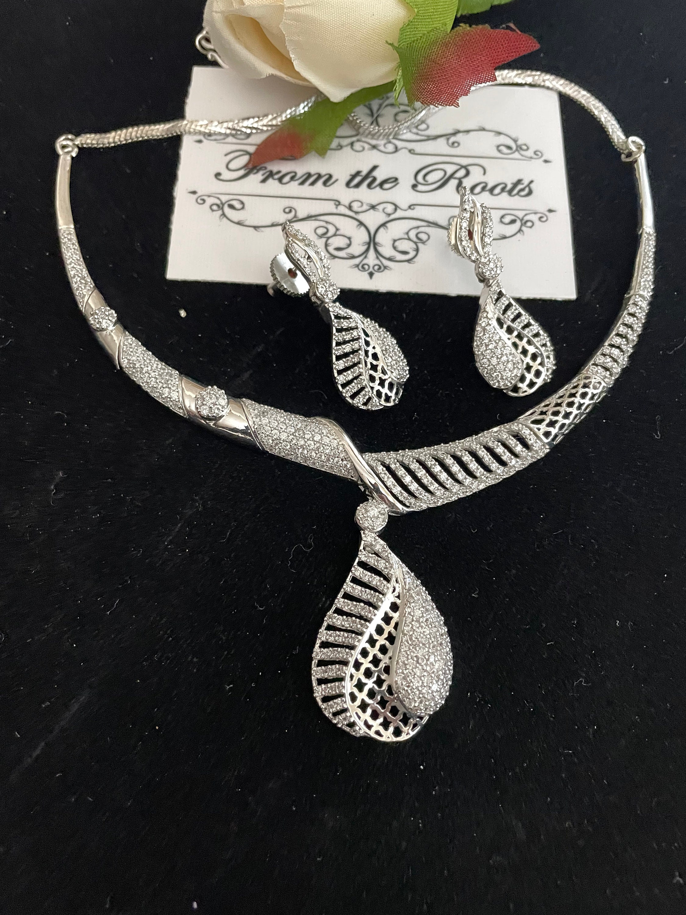 Fromtherootsbyks Diamond Look Necklace Set White Gold Diamond Finish Set Cocktail Jewelry