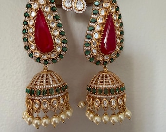 Red green ear-cuff with doublet stones kundan  Bridal jhumka/designer statement  kundan bahubali style jhumkas/statement bridal jhumkas/