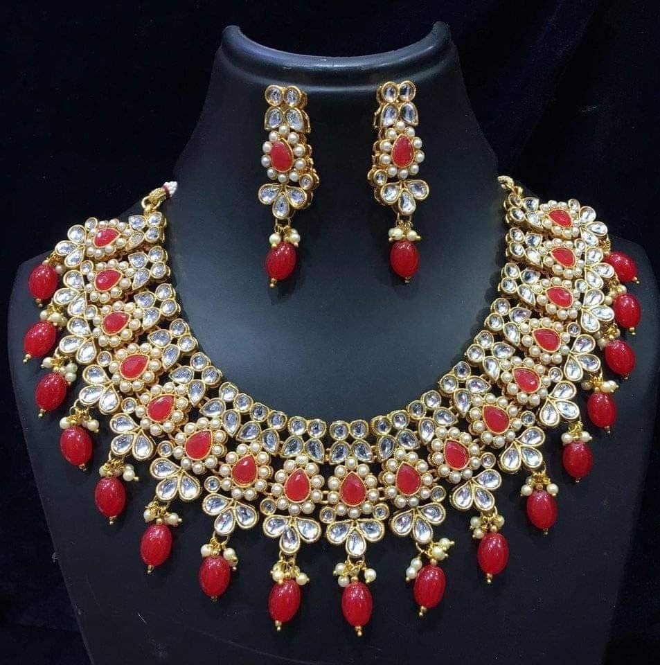 Heavy choker Indian style with pearls and red beads set Etsy