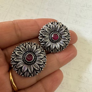 Bulk order/Oxidized studs/German silver studs/ boho studs/antique silver with red stones studs