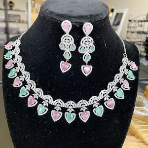 Mint green n pink diamond necklace set/AD necklace set/cocktail necklace Set