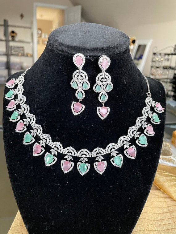 Mint Green N Pink Diamond Necklace Set/ad Necklace 