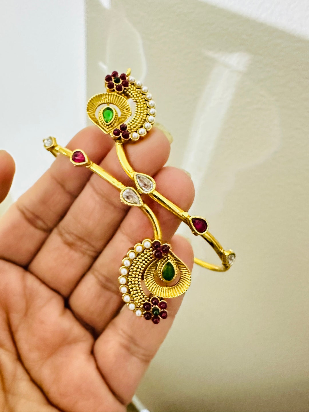 Red Green Stone Gold Plated Bajuband matte Finish Vamki temple Jewelry Bajuband vamki armlet With Adjustable Option Etsy