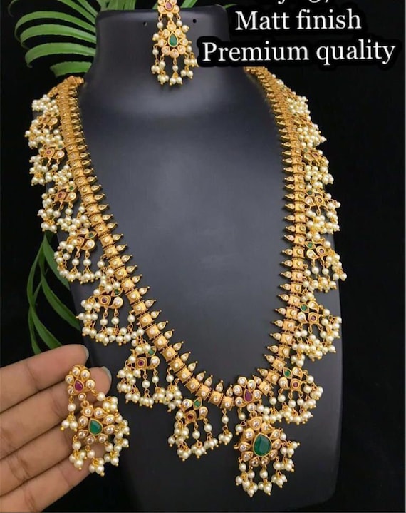 Gold Guthapusalu traditional South Indian Style Gold N Pearls Guthapusalu south Indian Temple Jewelry kemp Style Bridal Necklace Set Etsy Canada