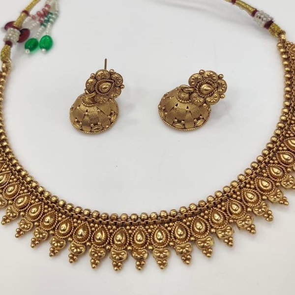 Gold necklace set /dainty gold plated necklace/one gram gold necklace set/Indian jewelry set