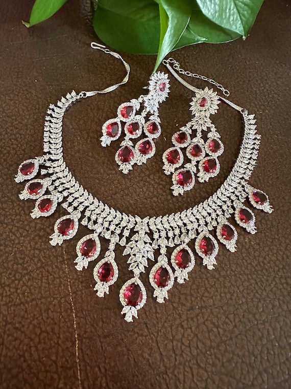 Wine Color pink Diamond Necklace Set ruby Pink American Diamond