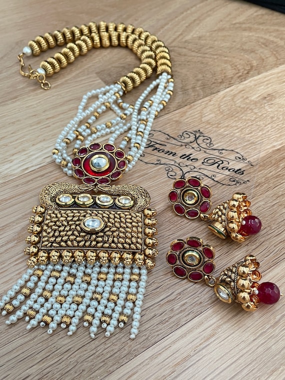 Matte Gold Indian Long Mala With Ruby Red Stones antique Good