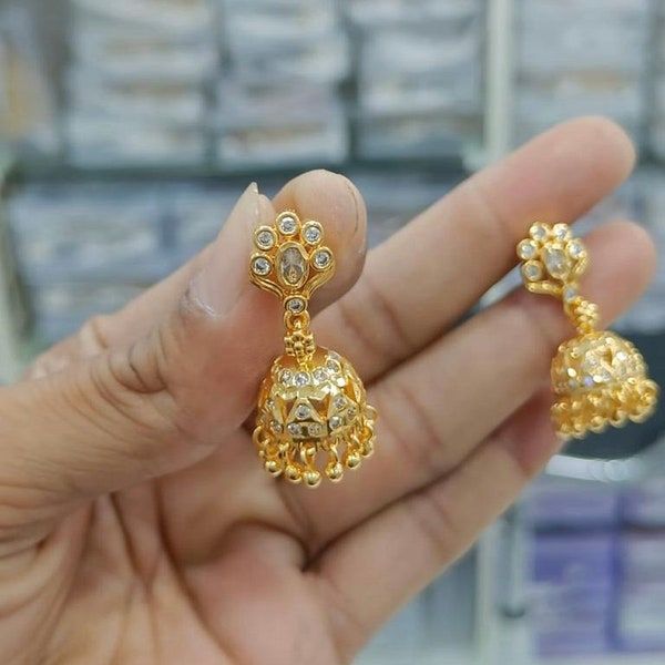 Small size gold stones jhumkas/Indian small jhumkis/jhumkis with screw back