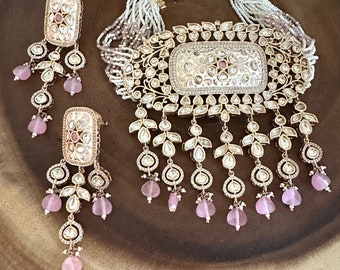 Pink bridal moissanite/Kundan choker set/pink lightweight Meenakari kundan choker set/Indian choker set/Pakistani choker set