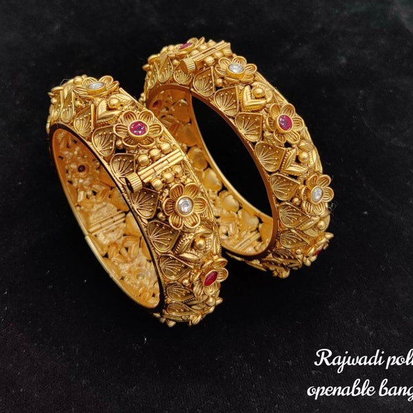 Rajawadi gold bangles/Traditional Gold plated red n green stones kadas/gold bangles with peacock design/openable designer gold kadas