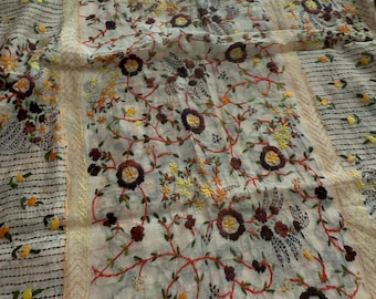 Hand embroidered Multicolor dupattta/ phulkari duppatta with pom poms