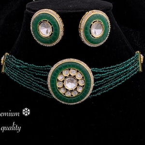 Green tayani style Kundan choker/Bridal Kundan choker set/gold Polki Kundan set with earrings/Indian choker/Pakistani choker set