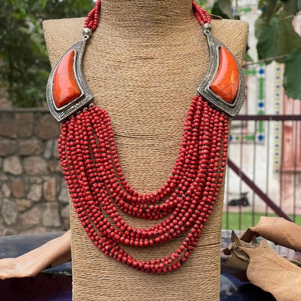 Faux coral beads tibtean style necklace/boho bead necklace/one of kind beaded necklace